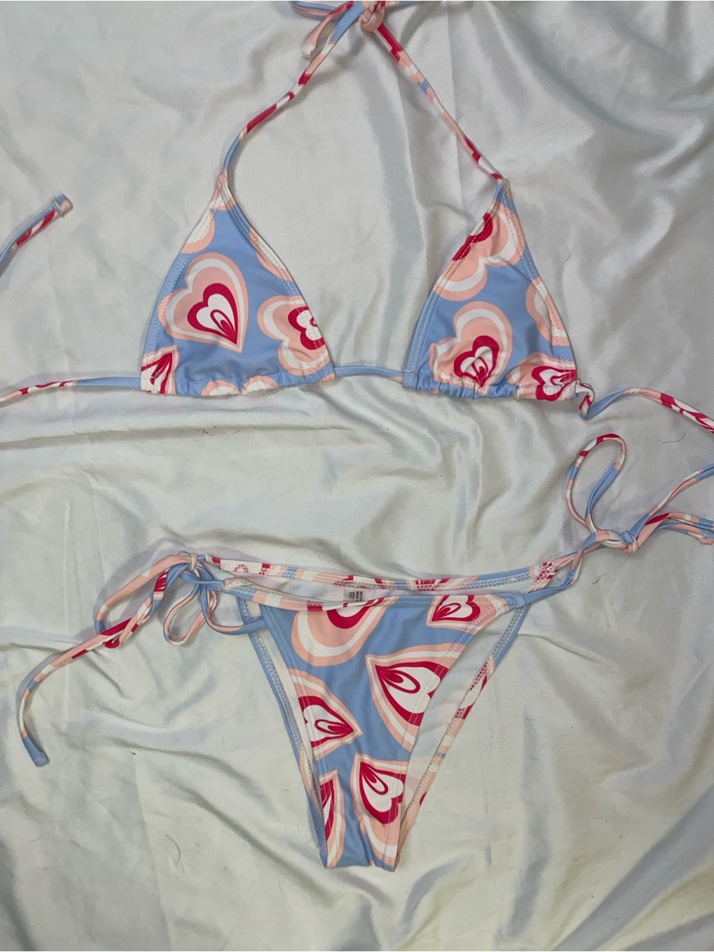 Light Blue Heart-Print Triangle Bikini Set - Tie-Side Women Swimwear